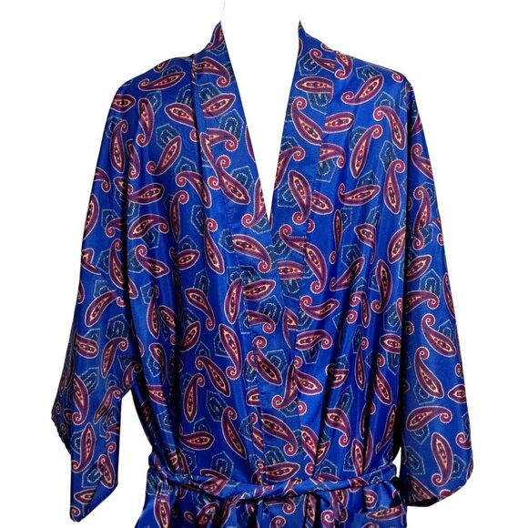 Vintage 70s Bill Blass Royal Blue Paisley Smoking Jacket Robe One Size Made in U - Picture 5 of 7